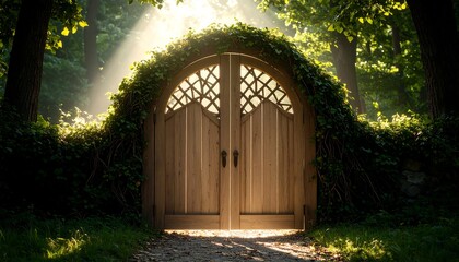 Wooden Gate in Forest with Sunlight Shining Through Ivy