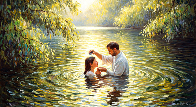 A man in white baptizes a woman in a river surrounded by lush green trees and dappled sunlight