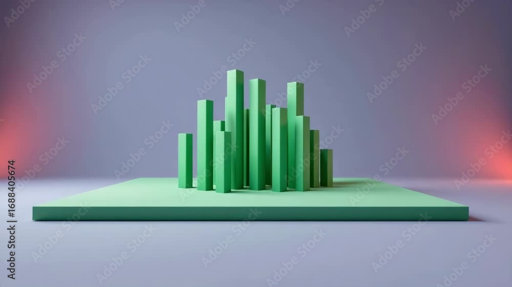 Poster Green 3D bar chart with vertical columns on flat platform, modern abstract design featuring soft lighting and gradient background, data graph showing growth and comparison in column chart style