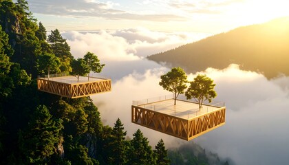 Wooden Platforms Suspended Over Clouds in Mountain Landscape