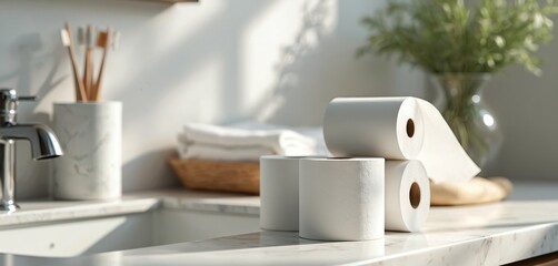 Clean bathroom scene with stacked white tissue paper rolls on marble countertop. Includes toothbrushes in holder, folded towels in basket, green plant in vase. Minimalistic, modern, organised