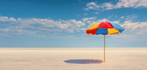 The colorful beach umbrella standing alone against a vast sky and sandy shore.