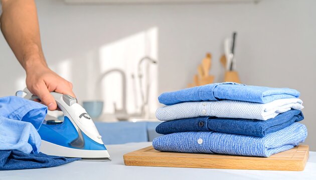 Man ironing shirts on kitchen counter - Powered by Adobe