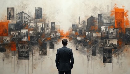 Man in suit faces fragmented urban industrial scenes. Montage of past, present, future choices. Visual narrative explores memory, identity, life decisions. Grungy, surreal, conceptual collage.