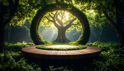 Wooden Stage in Forest Clearing with Large Tree and Circular Archway