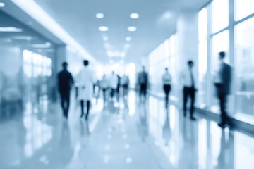 Soft focus corridor scene. Groups of people traverse a brightly lit hallway with a pale blue filter. Windows adorn the right-hand wall