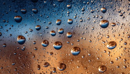 Water droplets on a surface, reflecting a colorful sky