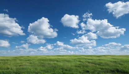 Vast grassy field under a partly cloudy blue sky