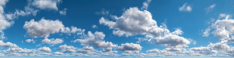 Fototapeta premium Wide panoramic view of a vibrant blue sky dotted with fluffy white cumulus clouds (1)