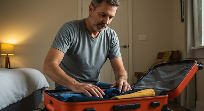 Man packing suitcase interior - Powered by Adobe