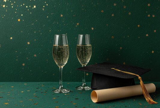 Two filled champagne flutes with bubbles rest beside a graduation cap and diploma on a glittery surface before a green starred background