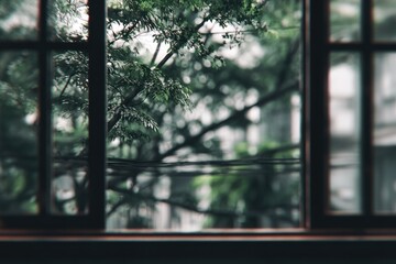 Naklejka premium A view from a dark wooden window onto blurred green foliage and a cityscape on an overcast day, creating an indoor/outdoor feel
