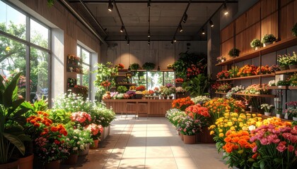 A bright and inviting flower shop interior showcases a vibrant array of colorful flowers, displayed beautifully on shelves and in planters, bathed in natural light.