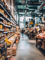 A blurred interior shot of a bright supermarket aisle, featuring shelves stocked with a variety of colorful products and a person in the distance