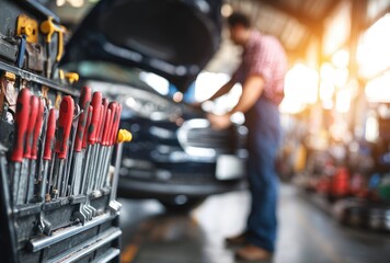 Auto shop scene focusing on a toolbox with screwdrivers, with a blurred mechanic working on a car engine in the background under bright garage lights