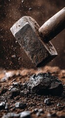 A hammer strikes a chunk of dark material, sending dust and fragments flying. The scene is gritty and textured, with a strong focus on impact