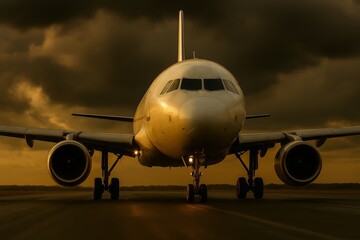 Naklejka premium A large commercial airliner sits on a wet tarmac, bathed in the dramatic golden light of sunset.