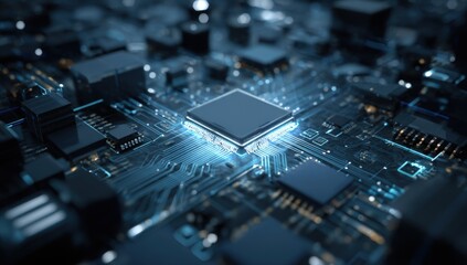 High-tech CPU on circuit board.  Detailed 3D render