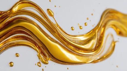 A golden liquid flows gracefully, forming dynamic curves and splashes. The bright white background enhances the liquid's color and captures the essence of fluid movement and texture