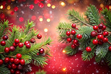 Festive Christmas Holly and Pine Branches with Red Berries