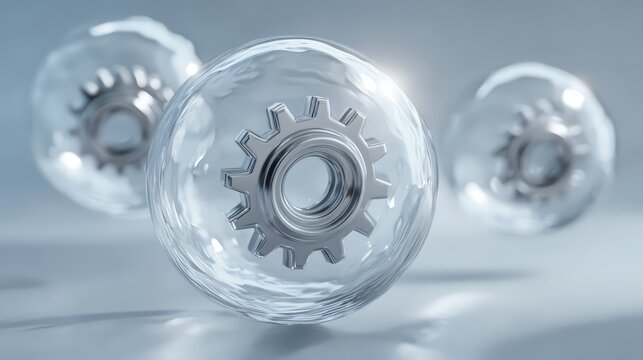 Protected Mechanism/Intellectual Property: The gear (mechanism/process) inside the bubble (protection/isolation) represents confidential or proprietary technology, intellectual property (IP).