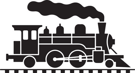 Naklejka premium Steam Train Locomotive Silhouette with Smoke on Railroad Tracks on Transparent Background