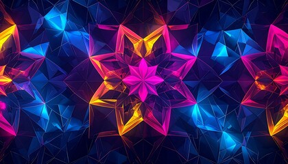 Radiant abstract geometric crystal pattern with vibrant neon glow, perfect for modern design backdrops