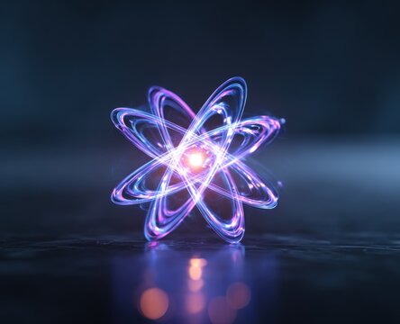 Abstract atom graphic, glowing purple-blue lines form a stylized atomic structure, on dark reflective surface