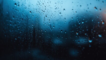 Raindrops on a window, blurred city view