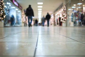 Blurred figures walk down a tiled mall hallway lined with stores and Christmas trees, suggesting a busy holiday shopping experience