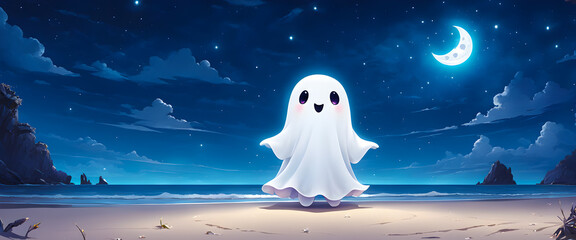 Cute ghost illustration floating on a moonlit beach. Halloween night spirit under the starry sky. Peaceful phantom wandering near the quiet shore. Mystical ghost drifting beneath the night waves.