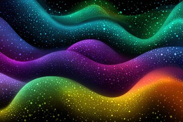Abstract wavy design with glowing particles.  Colorful, flowing shapes on a dark background speckled with tiny lights.  A spectrum of vibrant hues create a dynamic, mesmerizing effect
