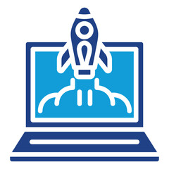 Startup Glyph Blue Silhouette Icon Design Vector - Laptop with rocket launch, symbolizing startup, innovation, and business growth