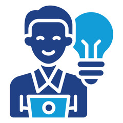 Creative Leader Glyph Blue Silhouette Icon Design Vector - Person with laptop and light bulb, symbolizing leadership, innovation, and creativity