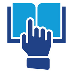 Learning Glyph Blue Silhouette Icon Design Vector - Hand pointing to open book, symbolizing education, reading, or knowledge