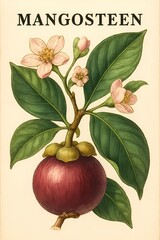 Exotic mangosteen fruit with delicate blossoms and lush green leaves, a botanical illustration bringing vibrant tropical nature to your designs