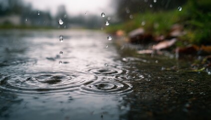 Rain droplets impacting a puddle on a street.  Close-up view of water circles and falling raindrops.  A muted grey-toned background of a street and surrounding trees