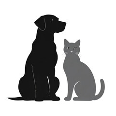 Obraz premium Silhouettes of a sitting black dog and a gray cat, both facing forward with calm expressions, showcasing typical pet poses and features