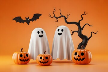 Cute halloween ghosts with pumpkins and bat on orange background