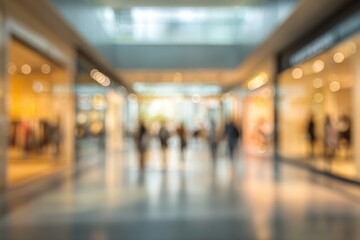Blurred background of a shopping mall interior, showing storefronts and silhouettes of shoppers. Soft light is filtering through the walkway
