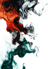 Abstract painting with swirling red, black, and teal ink on white wall, creating dynamic and energetic composition with fluid movement and modern artistic expression