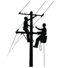 Two linemen working on a telephone pole silhouette