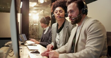 Collaboration, computer and support with business people in call center for late night assistance. Conversation, help and pointing with employee team in customer service office for evening feedback - Powered by Adobe