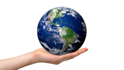 Hand holding planet earth blue green isolated on a transparent background globe world