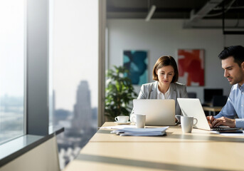 Focused business colleagues working together on laptops in a modern high-rise office with a city view