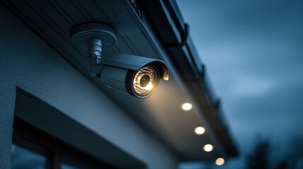 A security camera is mounted on the eaves of a building, illuminated by soft lighting. It observes the surroundings, emphasizing the importance of safety and surveillance in urban environments
