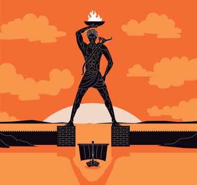 colossus of rhodes greek ancient statue and ship