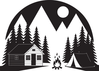 Fototapeta premium Scenic Camping Scene Silhouette with Cabin, Tent, Mountains, and Forest Landscape