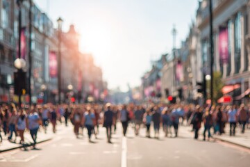 A blurred street scene filled with crowds of pedestrians moving down a city avenue, bathed in the warm glow of sunlight, creating a dynamic urban landscape