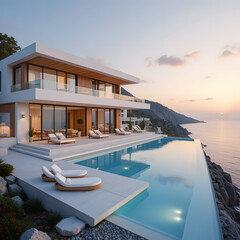 Fototapeta premium Spectacular modern luxury villa with an infinity pool perched on a cliff overlooking the ocean at sunset.